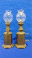 Pair Of Small Brass Bracket Oil Lamps Made