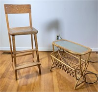 2 pcs. Antique High Chair & Vintage Side Table