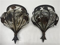 Pair of Vintage Iron & Art Glass Wall Scones