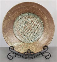 Large Bob Brisco studio pottery platter with metal