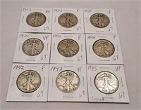 9 Different Date Walking Liberty Halves F-VF