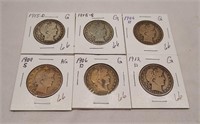 6 Different Date Barber Half Dollars-Circulated