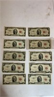 1953 Red Seal $2 Bills (10)