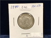 1940 Canadian Silver 25 Cent Piece  AU50