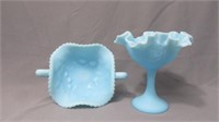 Fenton blue satin PM compote and fruits flowers