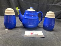 Stoneware tea pot and salt and pepper shakers