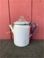 Vintage White and Blue Enamel Coffee Pot
