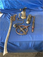 Brush axe, blow torch, Pyrene fire extinguisher, a