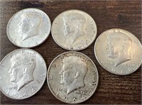 5 Kennedy Half Dollars (4) 1964, (1) 1968