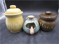 Two Stoneware Honey Pots + Salt Pig