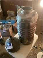 Stainless water cooler and funnel as found
