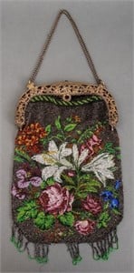 Antique Silver Handled Beaded Bag with Flowers