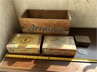 Wood Armour Adv. Box, 2 Cigar Boxes etc.