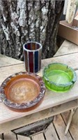 Ashtrays green, amber with lion face, stain glass