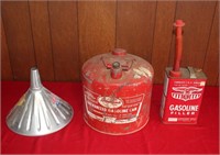 2 Metal Gas Cans and Funnel