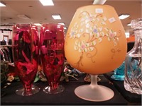 12 1/4" amber satin glass vase with floral design