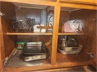 Cabinet lot of pans casserole dishes and more