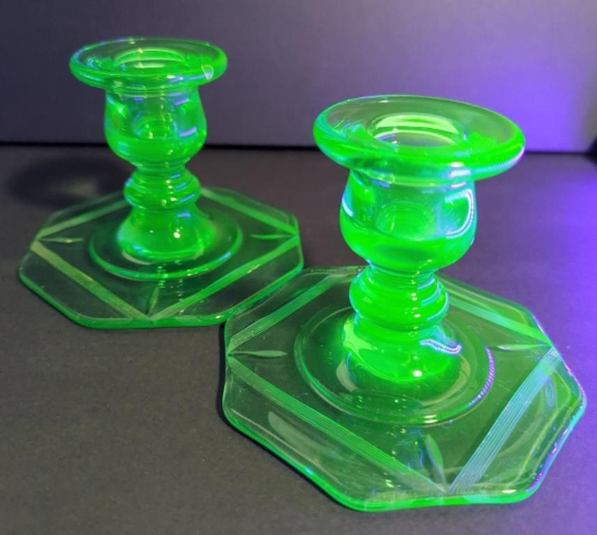 Uranium Depression Glass Candle Holders x 2