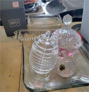 CRYSTAL PERFUME BOTTLE, COVERED CANDY DISH, CELERY
