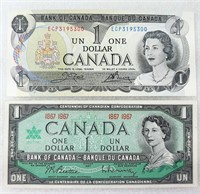 2 billets de 1$ 1967 et 1973 du CANADA comme neufs