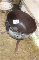 RECENT USE CAST IRON KETTLE ON STAND, NO BALE, 22D