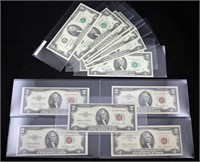 5 Red Seal $2.00 Bills; 8 Green Seal $2.00 Bills