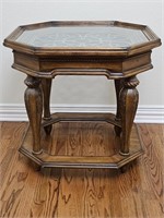 Wood w/ Iron under Glass Top Side Table