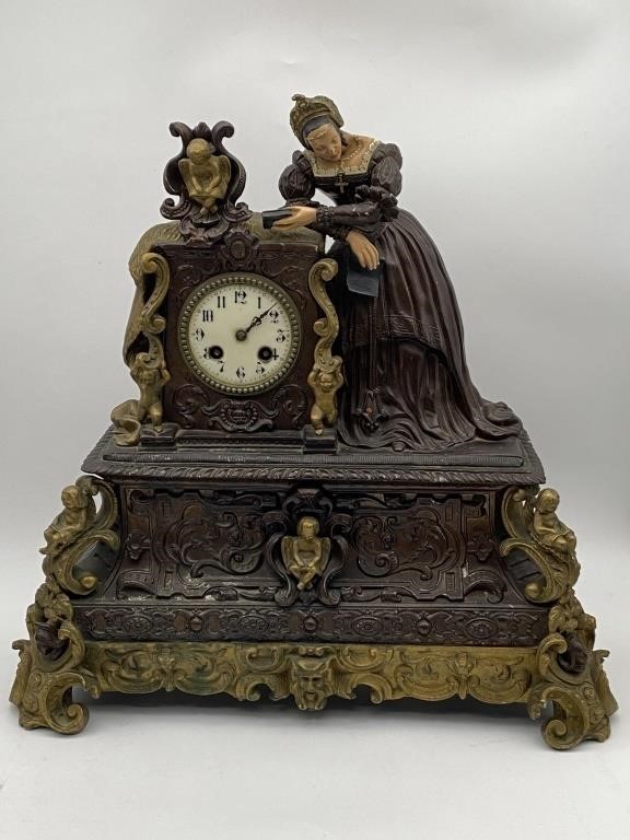 Antique French Spelter Mantle Clock / Bronze