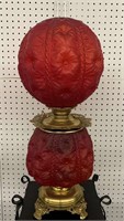 Red Satin Glass Floral Gone With The Wind Lamp