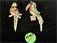 2 Parrot Brooches/Pins Enamel