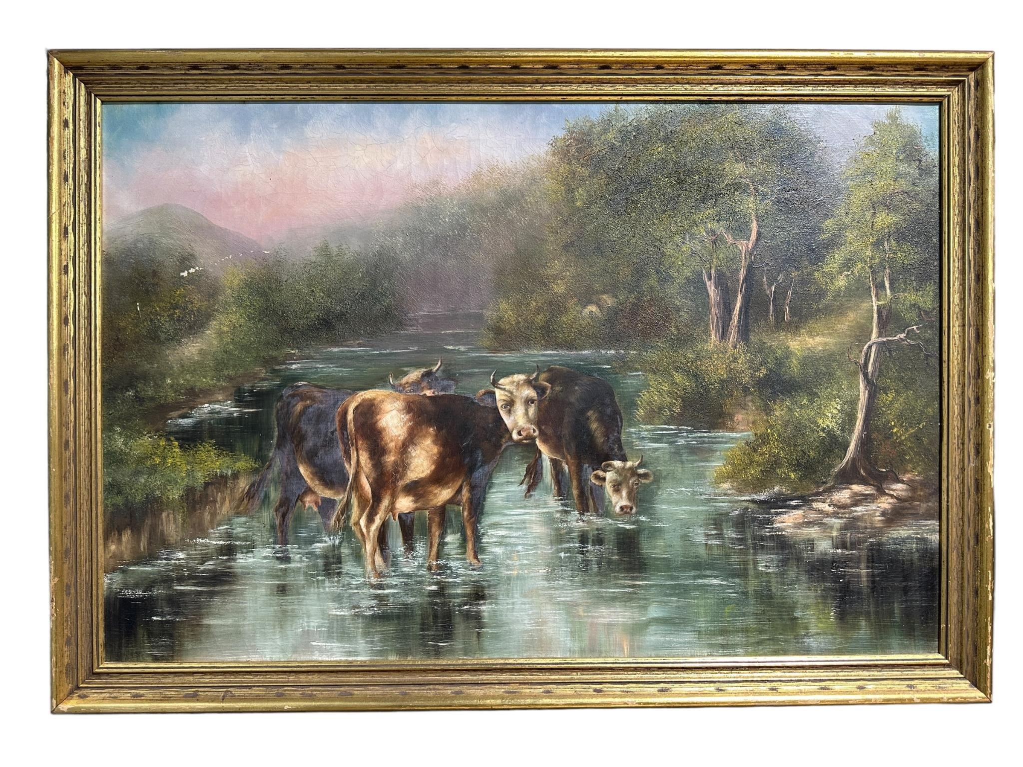 Antique Oil on Canvas Cattles & River Scene