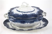 BLUE TRANSFER TUREEN WITH  UNDERPLATE