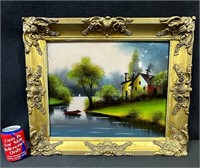 Reverse Glass Cottage River Landscape Painting