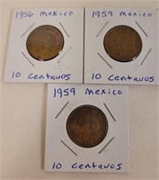 1956 & 2 - 1959 Mexican 10 Centavos