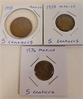 1955, 1958, 1976 Mexican 5 Centavos