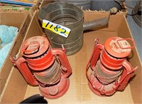 OLD FLOUR SIFTER,  TWO SMALL OIL LANTERNS