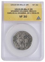 SPANISH COLONIAL 2 REALES COIN, ANACS GRADED VF30