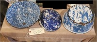 3pc old blue swirl graniteware collander bowl pot