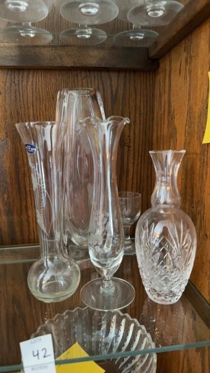 4 bud vases and one small glass challis