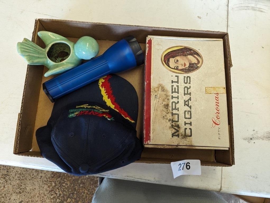 Cigar Box, Bird Planter, Hat & Flashlight