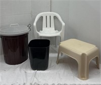 Kids chair/stool and two garbage cans