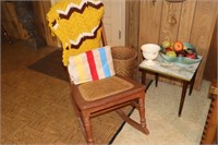 Cane Bottom Rocking Chair,  Afghan, Small Table,