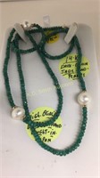 Oriental Dark Green Jade Necklace 3 Large Pearls