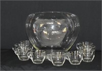 Glass Punch Bowl & 9 Cups