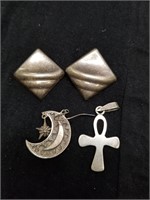 Silver Clip Earrings, Pendant, & Solitary Earring