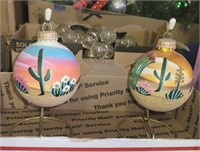 2 PC HAND PAINTED CHRISTMAS ORNAMENTS W/STANDS &