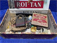 Old cigar box of items (cig tin, lock, misc)