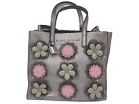 Metallic Silver Leather Flower Adorned Small Tote