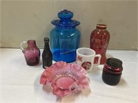 Blue Glass Jar w/lid, Cranberry Glass light shade