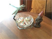 cast gnome and dragonfly candy dish holder